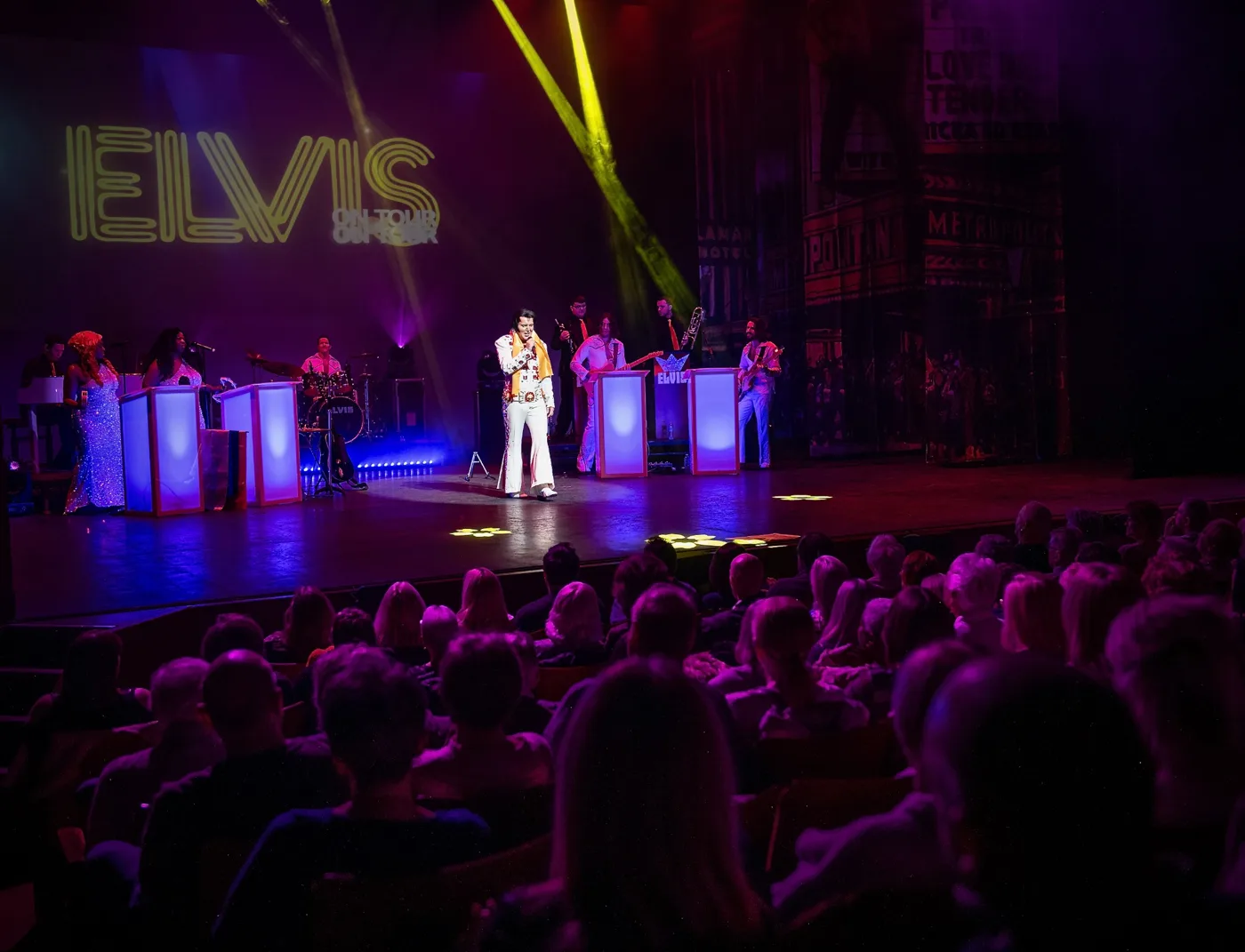 A Vision of Elvis on stage, with the band and backing vocalists behind and the audience in the foreground