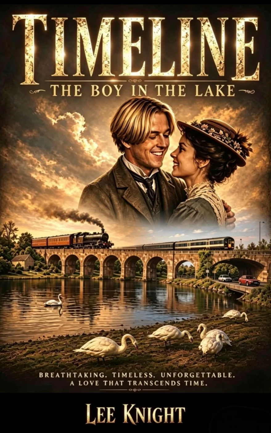 Book cover for Timeline: The Boy in the Lake by Lee Knight, showing a couple embracing above a steam train crossing an arched bridge over a lake with swans