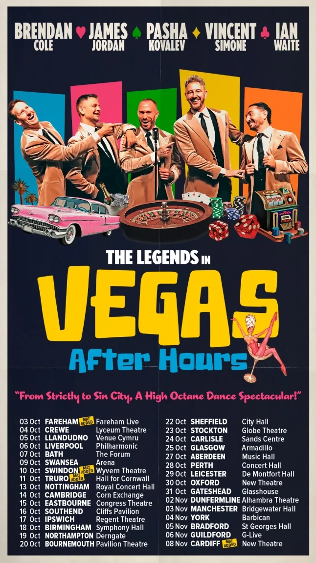 Tour poster for The Legends in Vegas: After Hours, listing Fareham Live on 3 October at the top of the date list